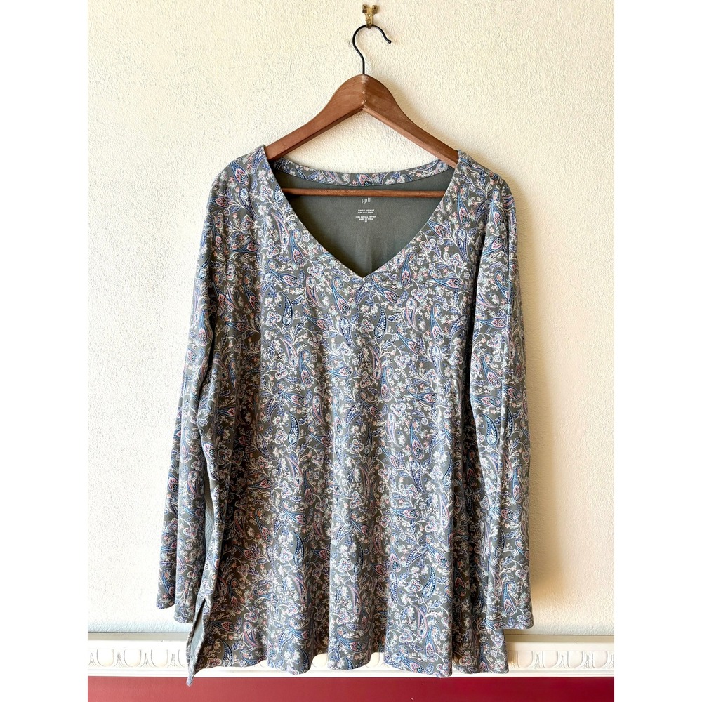 J. Jill Simply Supima Side-Split Tunic 2X Sage Green Paisley V-Neck Cotton Top - Picture 4 of 11